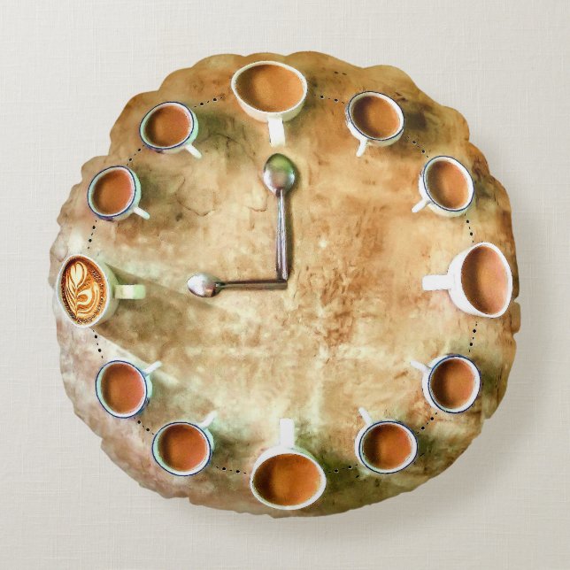 Coffee cup coffee time clock rustic brown round cushion (Front)