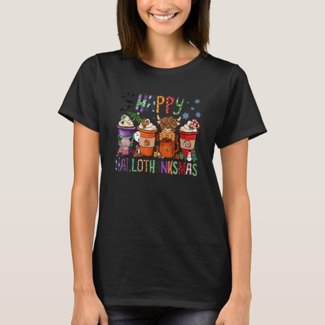 Coffee Cup Happy HalloThanksMas Heifer Highland Co T-Shirt (Front)