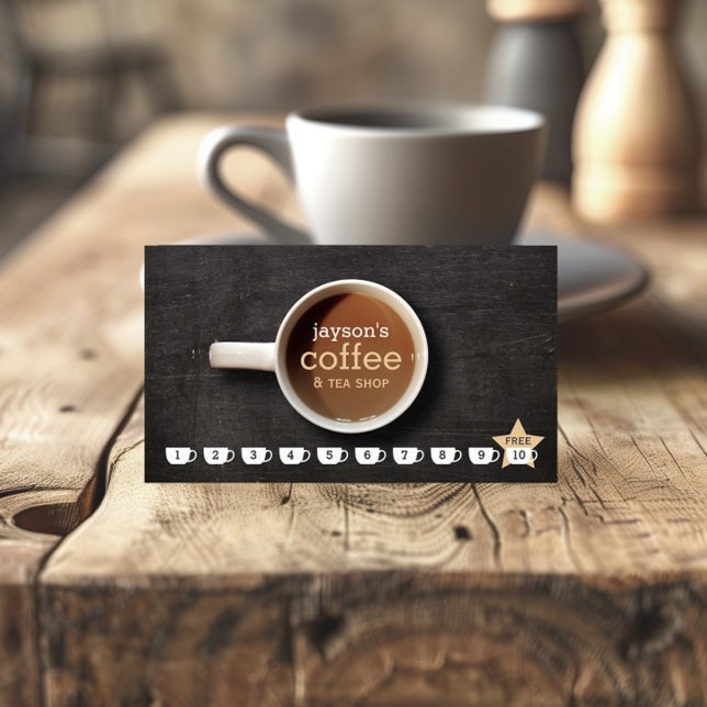 Coffee Cup on Black Wood Coffee Shop Loyalty Card (Creator Uploaded)