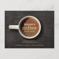 Coffee Cup on Black Wood Coffee Shop Postcard