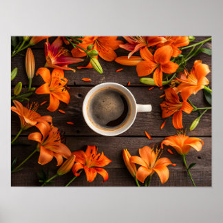Coffee cup surrounded by vibrant orange flowers poster