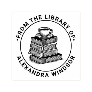 Coffee Cup Tea Cup on Book Stack Library Book Name Self-inking Stamp