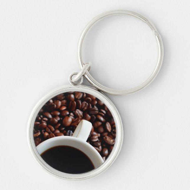 Coffee Cup with Coffee, Coffee Beans Background Key Ring (Front)