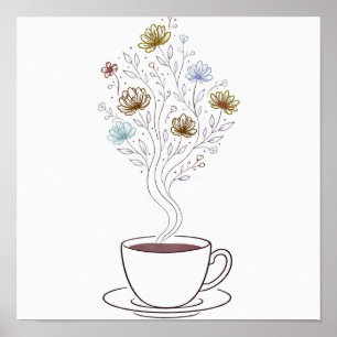 Coffee Cup with Floral Steam Line Art Poster