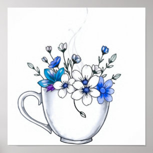Coffee Cup with Floral Steam Line Art Poster