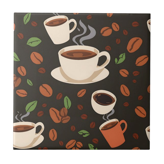 Coffee Cups Beans Morning Pattern Ceramic Tile (Front)