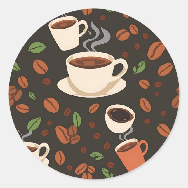 Coffee Cups Beans Morning Pattern Classic Round Sticker (Front)
