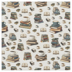 Coffee Cups & Books on Light Yellow Fabric
