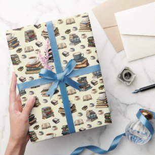 Coffee Cups & Books on Light Yellow Wrapping Paper