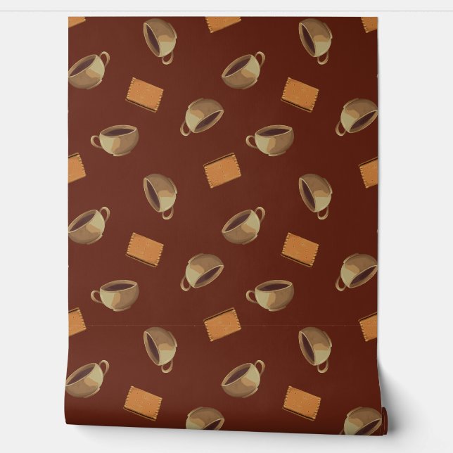 Coffee Cups & Chocolate Biscuits Cafeteria Kitchen Wallpaper (Unrolling)