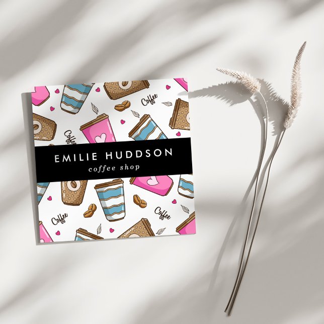 Coffee Cups, Coffee Beans, Barista, Coffee Shop Square Business Card (Creator Uploaded)