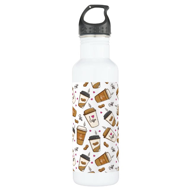 Coffee Cups, Coffee Beans, Coffee Lover, Hearts 710 Ml Water Bottle (Front)