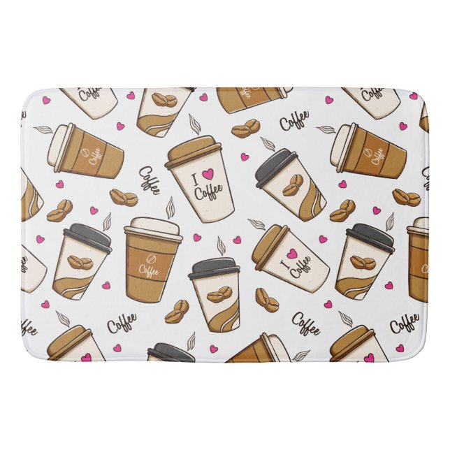 Coffee Cups, Coffee Beans, Coffee Lover, Hearts Bath Mat (Front)