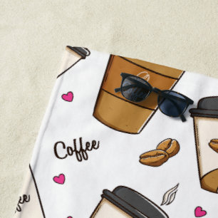 Coffee Cups, Coffee Beans, Coffee Lover, Hearts Beach Towel
