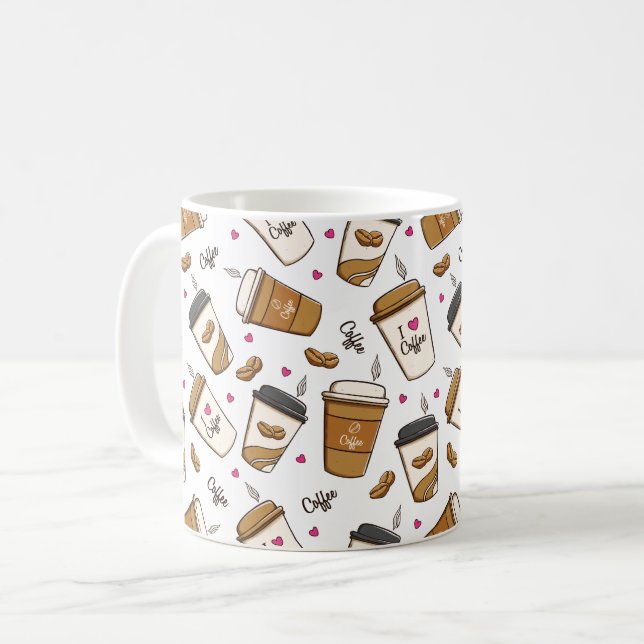 Coffee Cups, Coffee Beans, Coffee Lover, Hearts Coffee Mug (Front Left)