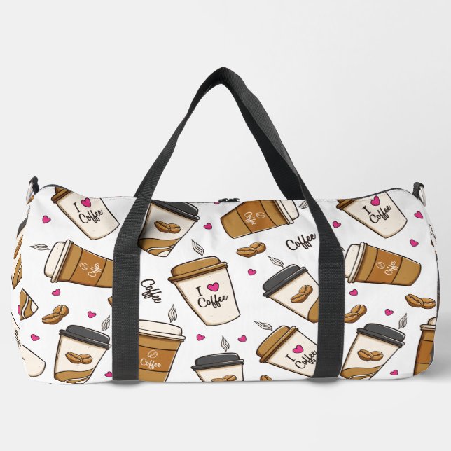 Coffee Cups, Coffee Beans, Coffee Lover, Hearts Duffle Bag (Front)
