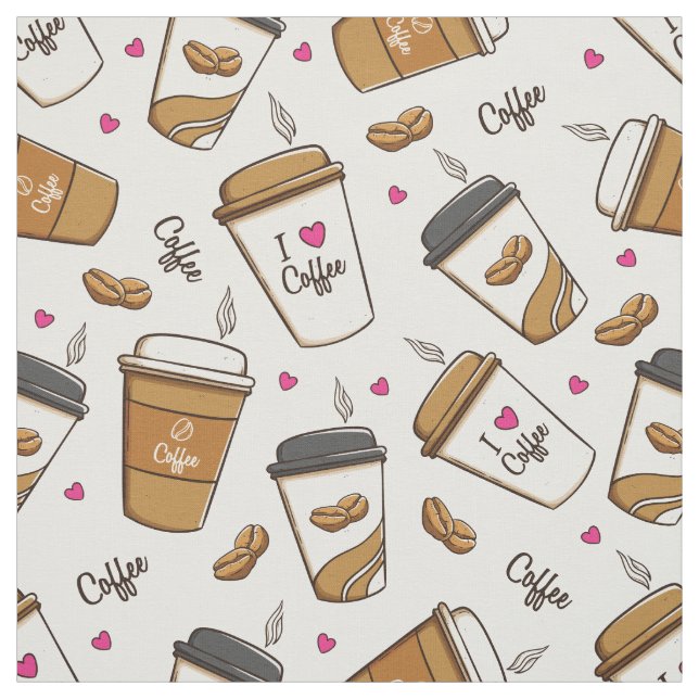 Coffee Cups, Coffee Beans, Coffee Lover, Hearts Fabric (Swatch)