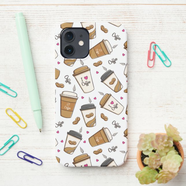 Coffee Cups, Coffee Beans, Coffee Lover, Hearts iPhone Case (On Desk)