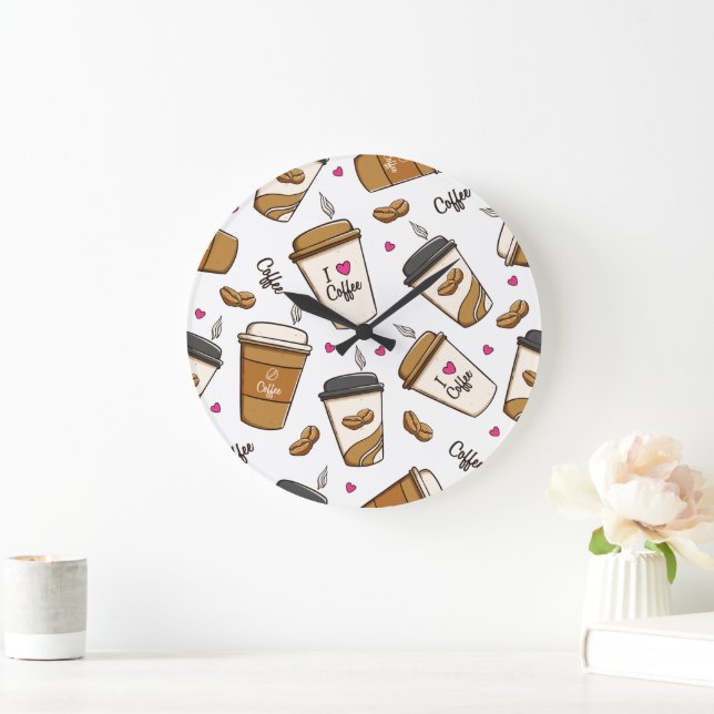 Coffee Cups, Coffee Beans, Coffee Lover, Hearts Large Clock (Home)
