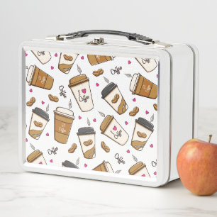 Coffee Cups, Coffee Beans, Coffee Lover, Hearts Metal Lunch Box