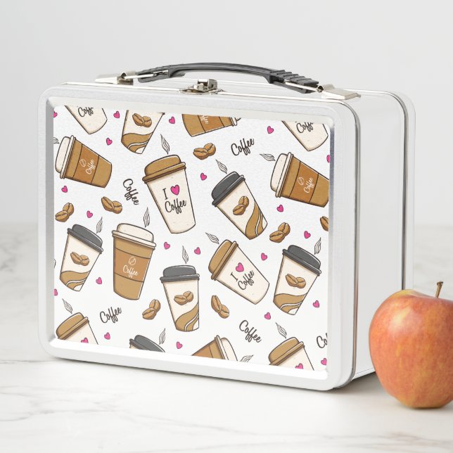 Coffee Cups, Coffee Beans, Coffee Lover, Hearts Metal Lunch Box (In Situ)