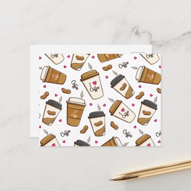 Coffee Cups, Coffee Beans, Coffee Lover, Hearts Postcard (Front/Back In Situ)