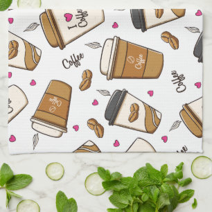 Coffee Cups, Coffee Beans, Coffee Lover, Hearts Tea Towel