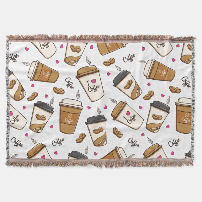 Coffee Cups, Coffee Beans, Coffee Lover, Hearts Throw Blanket (Front)