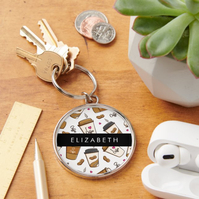 Coffee Cups, Coffee Beans, Coffee Lover, Your Name Key Ring (Desk)