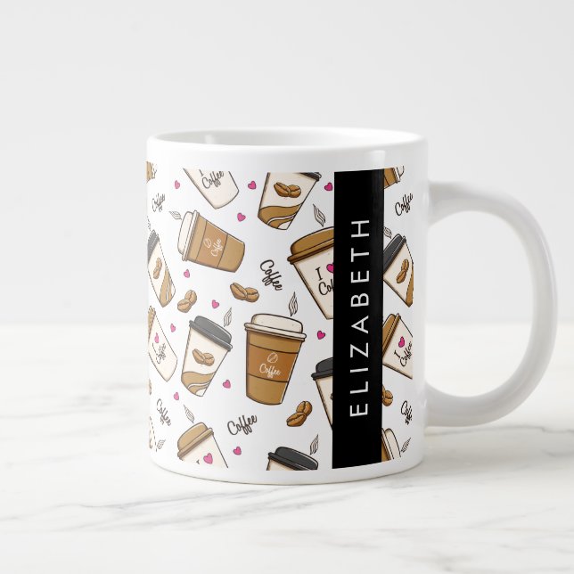 Coffee Cups, Coffee Beans, Coffee Lover, Your Name Large Coffee Mug (Right)