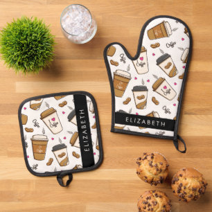Coffee Cups, Coffee Beans, Coffee Lover, Your Name Oven Mitt & Pot Holder Set