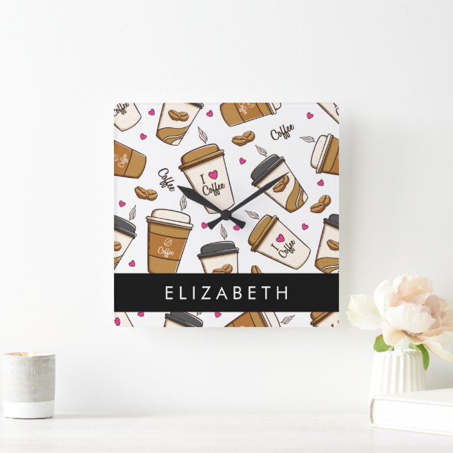Coffee Cups, Coffee Beans, Coffee Lover, Your Name Square Wall Clock (Home)