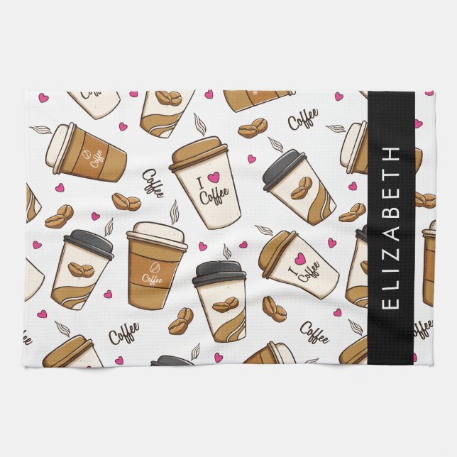 Coffee Cups, Coffee Beans, Coffee Lover, Your Name Tea Towel (Horizontal)