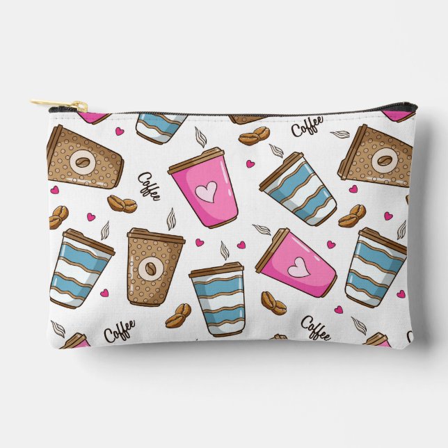 Coffee Cups, Coffee Beans, Hearts, Coffee Lover Accessory Pouch (Front)