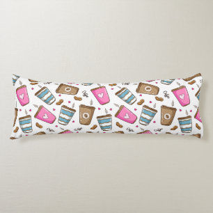 Coffee Cups, Coffee Beans, Hearts, Coffee Lover Body Cushion