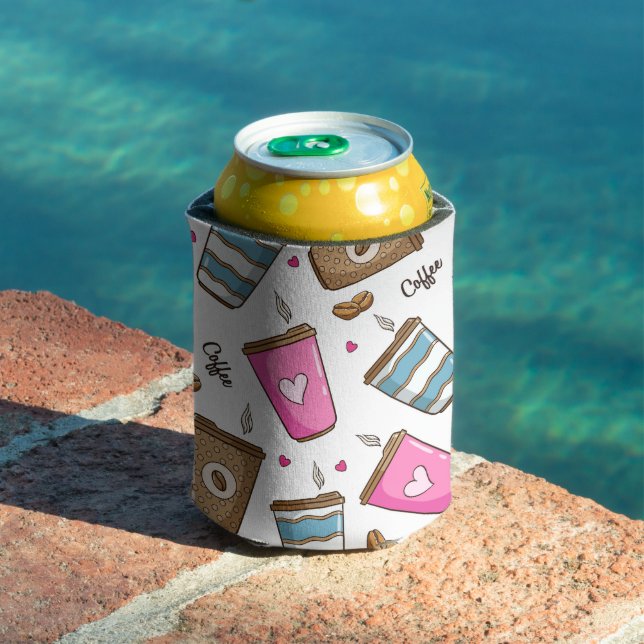 Coffee Cups, Coffee Beans, Hearts, Coffee Lover Can Cooler (In Situ Pool)