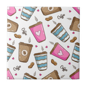 Coffee Cups, Coffee Beans, Hearts, Coffee Lover Ceramic Tile