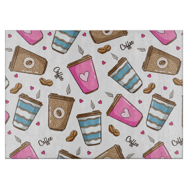 Coffee Cups, Coffee Beans, Hearts, Coffee Lover Cutting Board (Front)