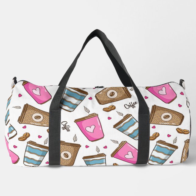 Coffee Cups, Coffee Beans, Hearts, Coffee Lover Duffle Bag (Front)