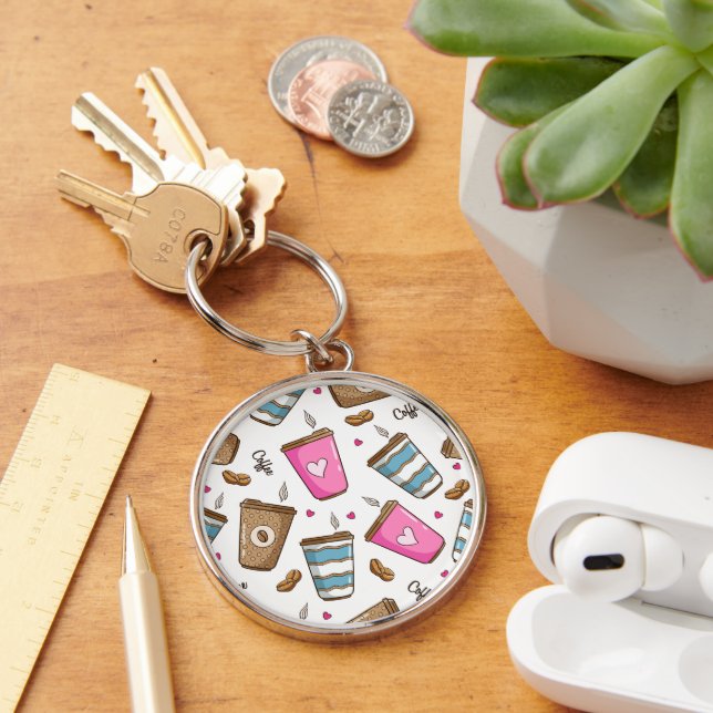 Coffee Cups, Coffee Beans, Hearts, Coffee Lover Key Ring (Desk)