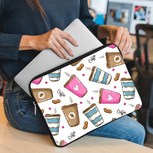 Coffee Cups, Coffee Beans, Hearts, Coffee Lover Laptop Sleeve