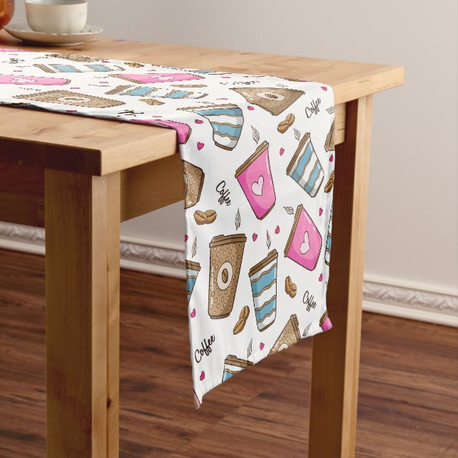 Coffee Cups, Coffee Beans, Hearts, Coffee Lover Medium Table Runner (In Situ)