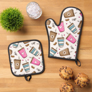 Coffee Cups, Coffee Beans, Hearts, Coffee Lover Oven Mitt & Pot Holder Set