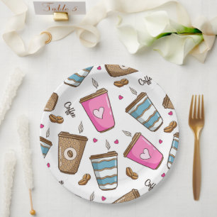 Coffee Cups, Coffee Beans, Hearts, Coffee Lover Paper Plate