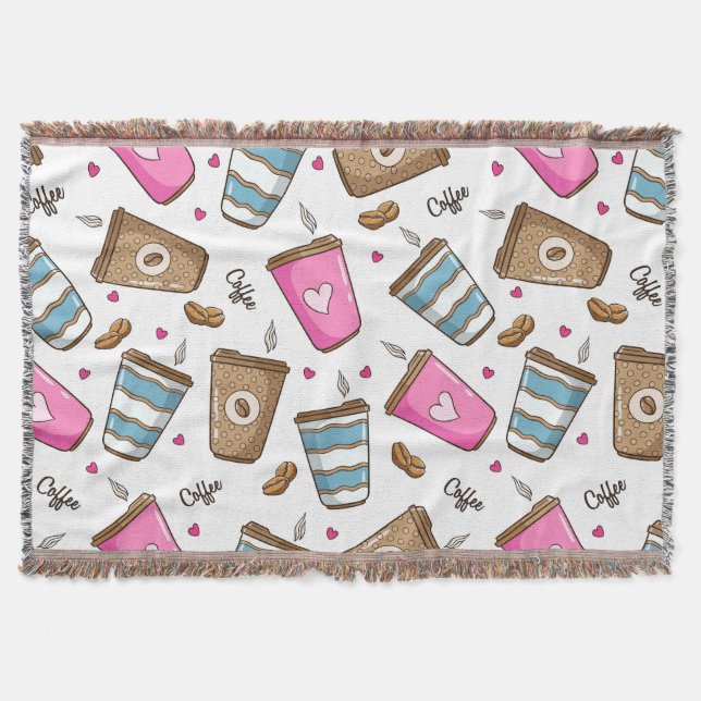Coffee Cups, Coffee Beans, Hearts, Coffee Lover Throw Blanket (Front)