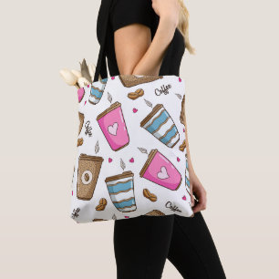 Coffee Cups, Coffee Beans, Hearts, Coffee Lover Tote Bag