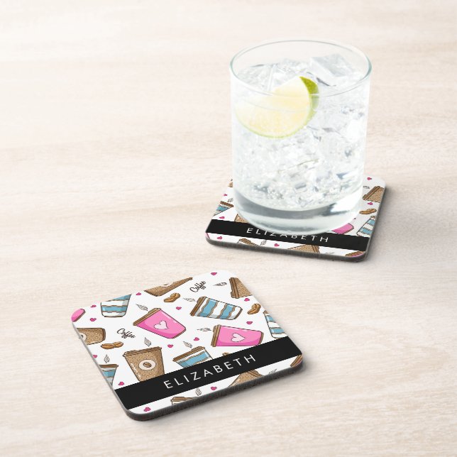 Coffee Cups, Coffee Beans, Hearts, Your Name Coaster (Right Side)