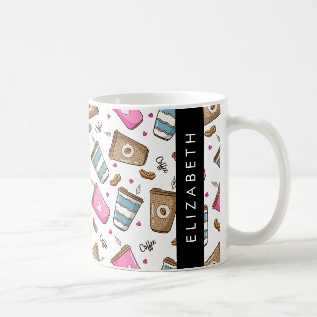 Coffee Cups, Coffee Beans, Hearts, Your Name Coffee Mug (Right)