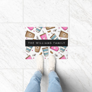 Coffee Cups, Coffee Beans, Hearts, Your Name Doormat