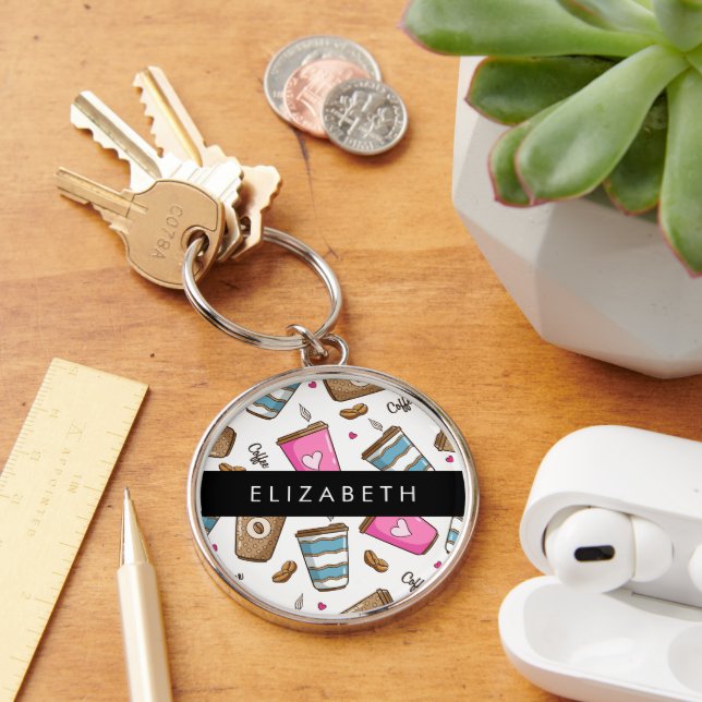 Coffee Cups, Coffee Beans, Hearts, Your Name Key Ring (Desk)